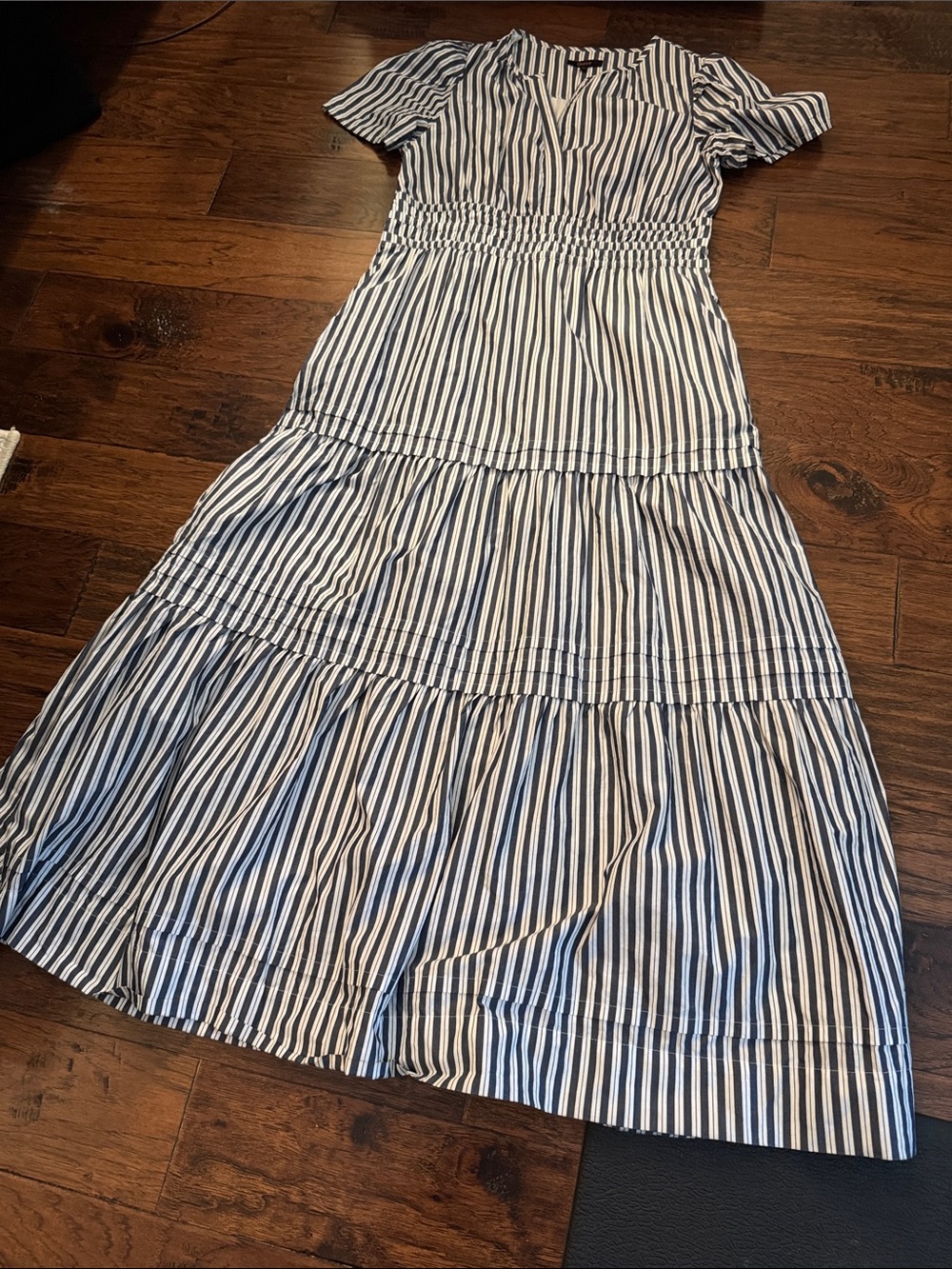 Quince Blue/Gray and White Striped Tiered Maxi Dress